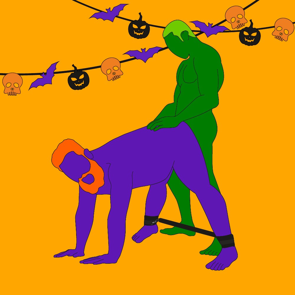 A naked illustrated couple in a penetration sex position. One partner is stood up while the other is bent over, wearing a spreader bar.